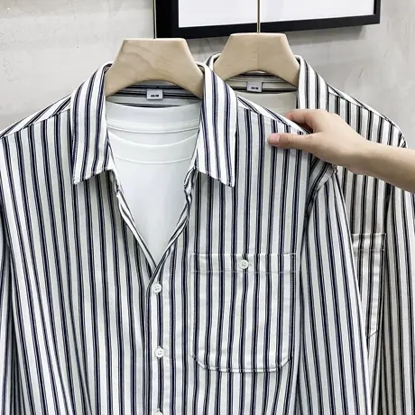 纯棉日系长袖条纹衬衫男高级感时尚衬衣宽松文艺休闲潮牌ins外套商品大图