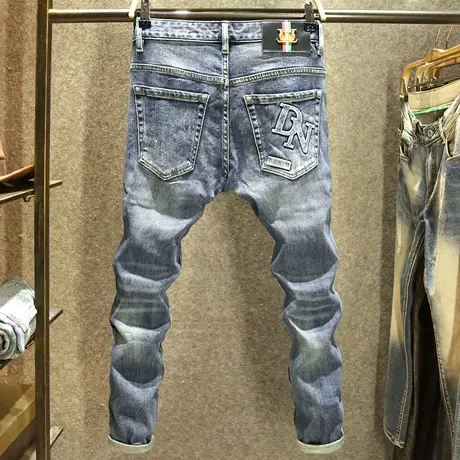 欧货轻奢牛仔裤男2024春秋款立体烫印男裤高端帅气百搭修身小脚裤图片