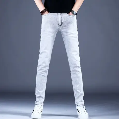 高档灰色牛仔裤男款修身小脚裤子男士浅色弹力百搭休闲裤2023新款商品大图