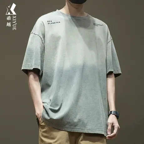 希越夏季日系复古重磅洗水260g短袖t恤男宽松大码渐变设计感体恤商品大图