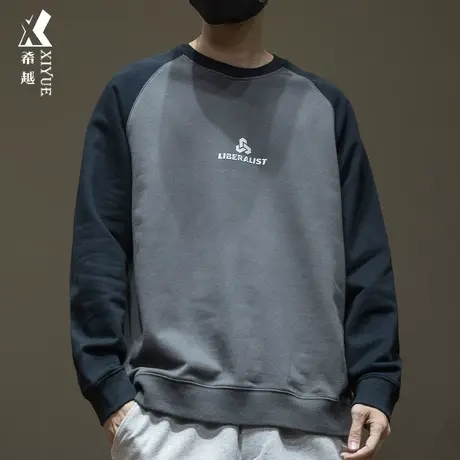 希越拼接撞色重磅牛角卫衣男宽松大码春秋潮流复古水洗插肩打底衫商品大图