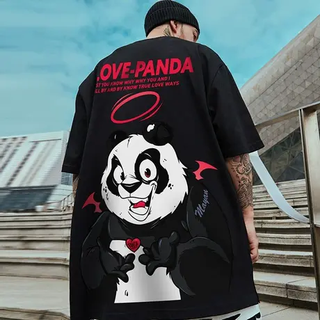 oversize潮牌胖子男装宽松短袖T恤熊猫大码国潮中国风半袖潮流图片