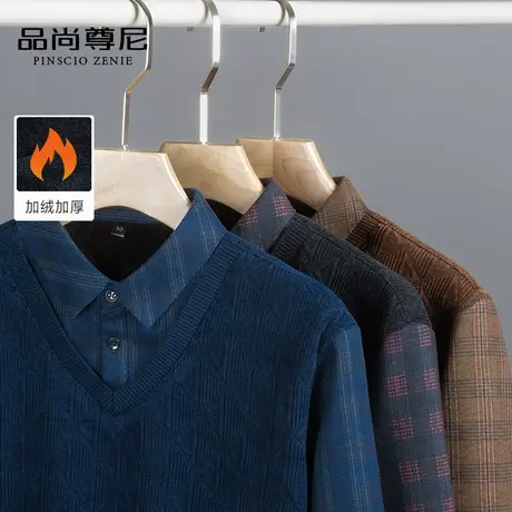 【加绒加厚】中老年爸爸冬季毛衣格纹背心款假两件保暖男士针织衫商品大图