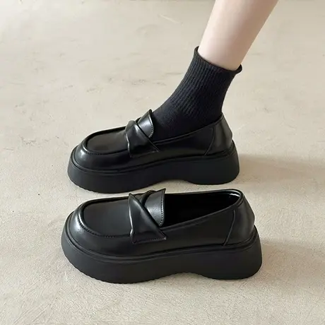 黑色厚底小皮鞋女英伦风2023秋夏季新款大头百搭一脚蹬乐福单鞋潮商品大图