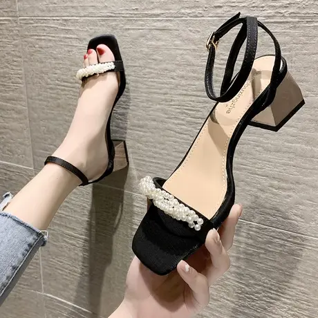 永希女鞋串珠粗跟露趾凉鞋女2022年春夏新款温柔不累脚高跟鞋女商品大图