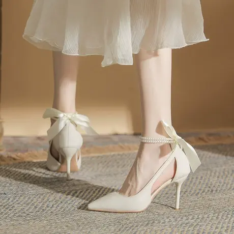 配裙子单鞋温柔风2024年春季新款法式少女尖头蝴蝶结高跟鞋女细跟商品大图