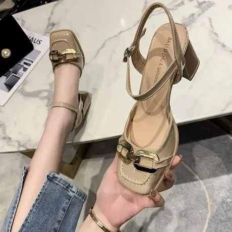 马衔扣粗跟方头气质高跟鞋女夏2024爆款法式玛丽珍包头凉鞋女单鞋商品大图