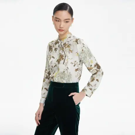 LANCY/朗姿真丝印花衬衫秋季新款小立领宽松长袖通勤女桑蚕丝奥莱图片
