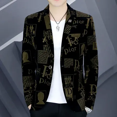 男士灯芯绒西服春秋季潮牌高端单西青年设计感印花痞帅小西装外套商品大图