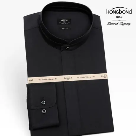 红邦创衣 秋冬立领衬衫黑色长袖拼接立领衬衣国风设计暗门襟成衣商品大图