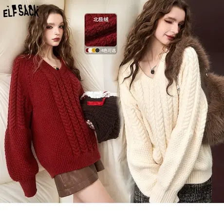 妖精的口袋红色v领加厚毛衣女2024年春新款复古宽松慵懒针织上衣商品大图