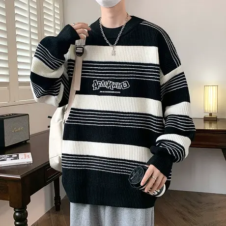 条纹毛衣男新款秋冬季美式hiphop设计感条纹慵懒风宽松潮流针织衫商品大图