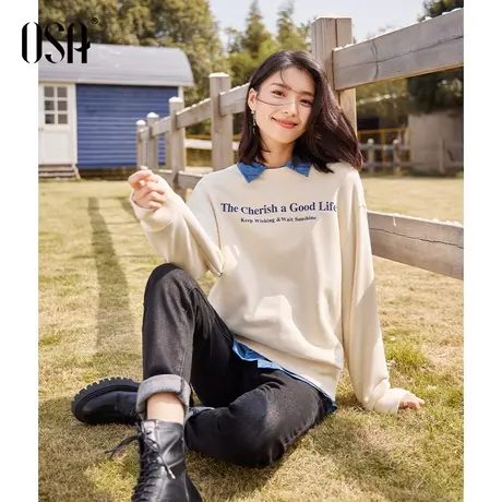 OSA欧莎米白色圆领套头加绒加厚卫衣女秋冬季2023年新款显瘦百搭商品大图