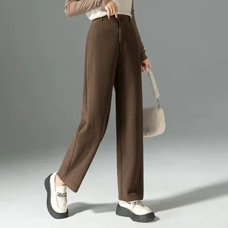 美拉德棕毛呢裤女秋冬裤子休闲裤高腰直筒裤窄版阔腿裤香蕉镰刀裤商品大图