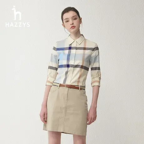 【舒适纯棉】Hazzys哈吉斯春季休闲风通勤格纹衬衣撞色长袖衬衫女商品大图
