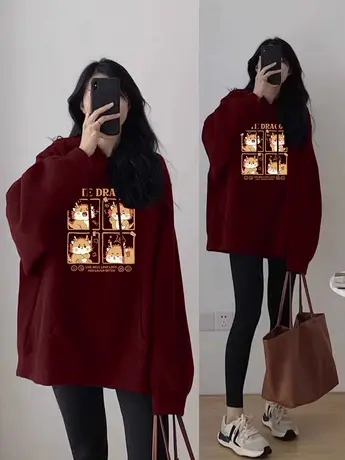 大码胖mm宽松连帽卫衣女过年喜庆上衣服ins冬季加绒龙年保暖外套商品大图