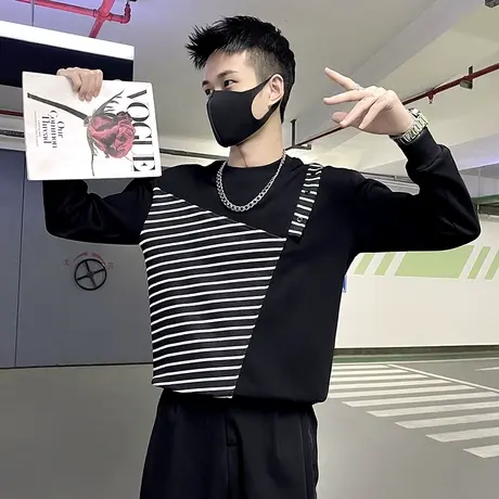 潮牌条纹拼接假两件卫衣男2023春秋季小众高级感学生长袖上衣外套商品大图