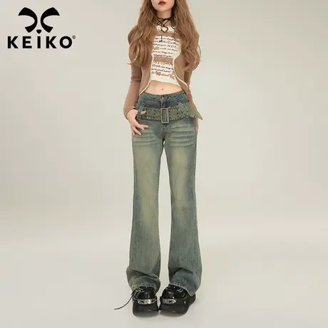 KEIKO [赠腰带] 微喇牛仔裤女2024春季复古高腰显瘦直筒马蹄裤子图片