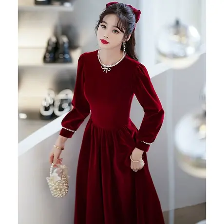 长袖敬酒服新娘2023新款秋冬季结婚礼服订婚回门平时可穿气质圆领商品大图