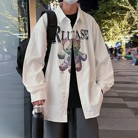 彩色小熊衬衫男长袖秋冬季ins潮流开衫外套宽松痞帅男生高街衬衣图片