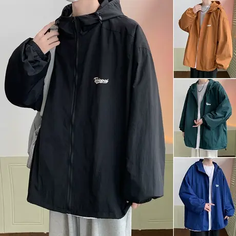 休闲夹克男潮牌ins黑色冲锋衣机能风开衫登山服宽松秋季连帽外套商品大图