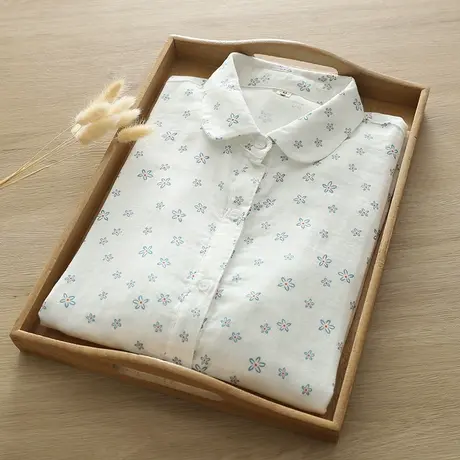 春秋新款日系文艺小清新双层纱纯棉长袖白衬衫女学生百搭打底上衣商品大图