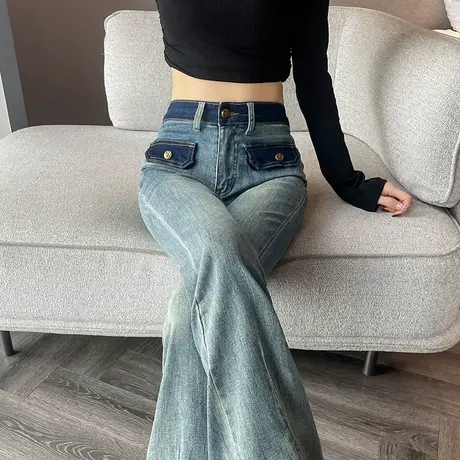 开叉微喇牛仔裤女2024新款春秋高腰显瘦修身百搭复古设计感喇叭裤商品大图