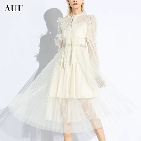 AUI杏色重工蝴蝶网纱蕾丝连衣裙女2024春新款名媛气质高腰中长裙图片