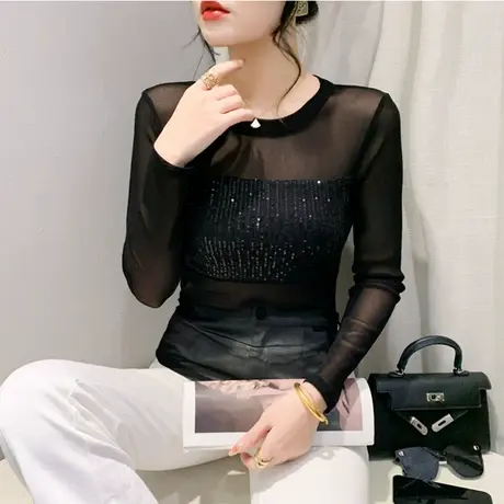 欧货时尚性感圆领T恤女长袖上衣网纱拼接亮片修身显瘦洋气打底衫图片