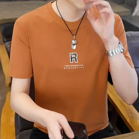 夏季男t恤圆领潮流纯色百搭刺绣冰丝打底衫韩版印花半袖体恤男装商品大图