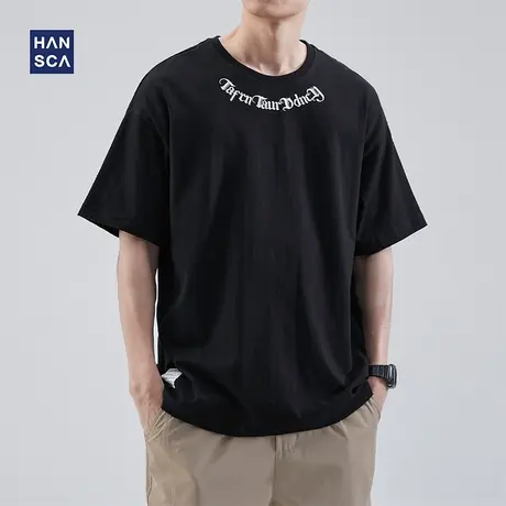 hansca 黑色短袖t恤男宽松圆领2023夏季潮牌刺绣休闲纯棉半袖上衣商品大图