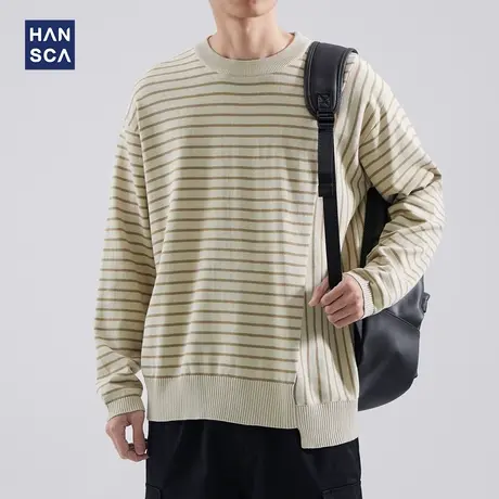 hansca条纹不规则撞色圆领毛衣男秋冬季日系复古青少年慵懒风外套商品大图