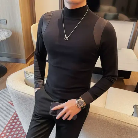 基础款小高领缎面拼接百搭T恤男长袖春OOTD新中式叠穿打底修身TEE商品大图