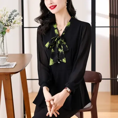 蝴蝶结雪纺衬衫女2024春装新款时尚气质高级感中长款宽松显瘦小衫商品大图