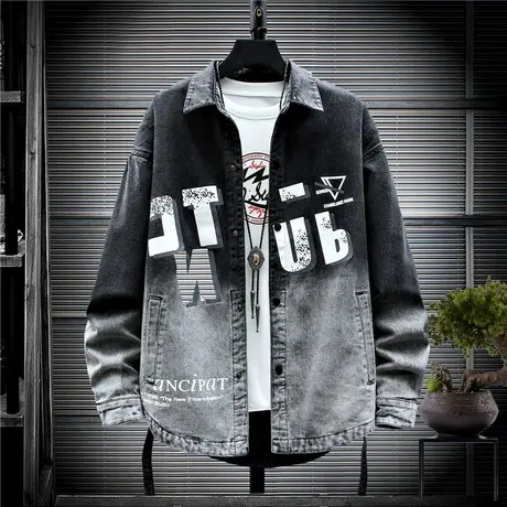 牛仔衬衫外套男长袖春秋季潮牌百搭宽松韩版衬衣ins帅气渐变上衣商品大图