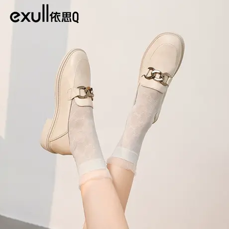 依思q米白色单鞋女2024新款春季软皮低跟乐福鞋一脚蹬女鞋小皮鞋图片