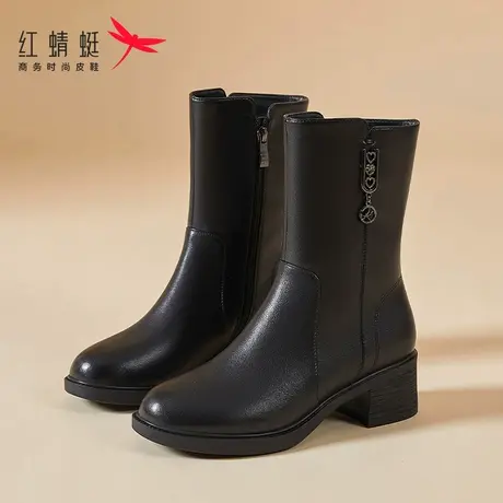红蜻蜓中筒靴女秋冬季中靴加绒保暖女靴子中老年低跟妈妈鞋皮棉靴商品大图