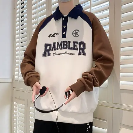 拼色polo衫男美式潮牌宽松休闲翻领卫衣男帅气百搭有领t恤男外套商品大图