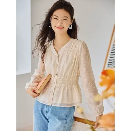 时尚气质长袖衬衫2023年秋季新款淑女温柔V领修身显瘦通勤上衣商品大图