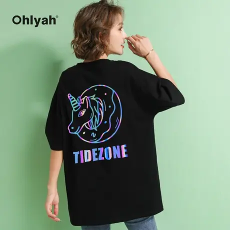 Ohlyah独角兽反光黑色t恤女情侣装夏装ins潮牌宽松圆领短袖上衣服商品大图