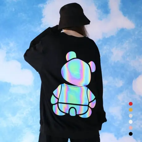 2023新款小熊可爱反光卫衣女男情侣装宽松韩版学院风黑色长袖上衣商品大图