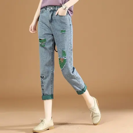 韩潮袭人破洞牛仔裤子女士宽松显瘦2023秋季新款刺绣哈伦九分裤图片