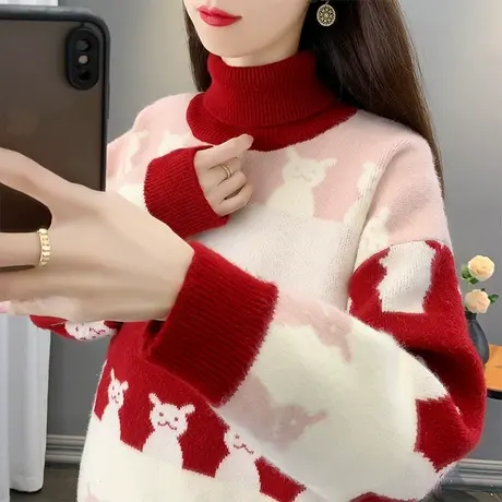 秋装女2023年新款套头软糯毛衣高领卡通提花针织衫内搭洋气上衣潮商品大图