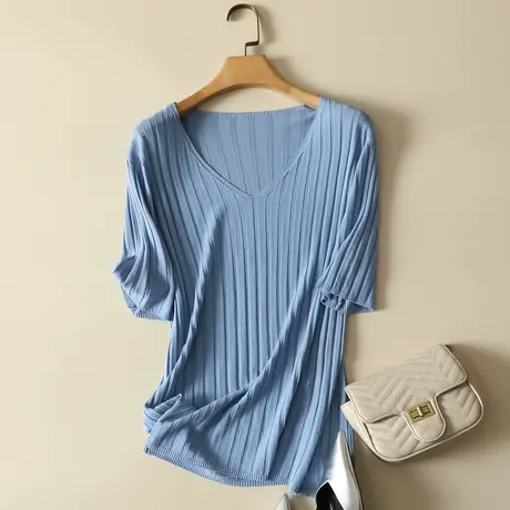冰丝针织衫女短袖2023春夏新款宽松显瘦韩版V领短款T恤薄款上衣女图片