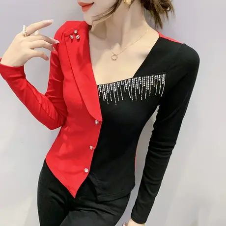 2023春秋新款时尚烫钻T恤女长袖设计感撞色上衣百搭打底衫外穿潮商品大图
