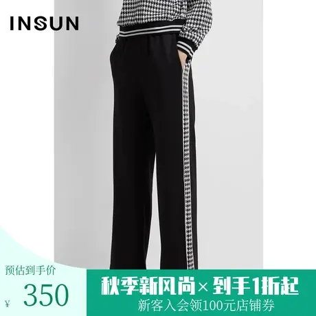 恩裳2023年早春新品裤腿侧缝撞色时尚阔腿裤黑色休闲裤子图片