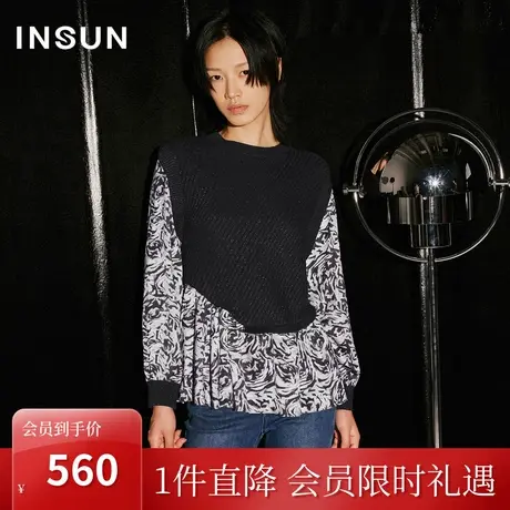 [七夕胶囊系列]恩裳COVER2023秋装复古假两件印花散摆针织上衣女商品大图