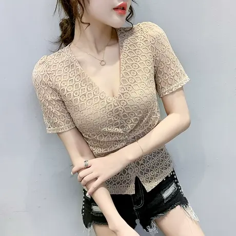 性感镂空V领蕾丝衫女短袖夏装显瘦百搭洋气上衣名媛气质小衫女潮商品大图