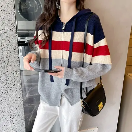 秋季2023新款女装拉链连帽毛衣外套开衫时尚小个子针织衫爆款上衣商品大图