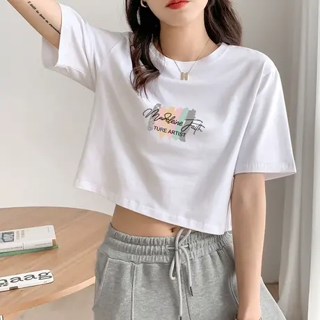 纯棉短袖T恤女2023年夏季新款设计感小众辣妹高腰短款露脐上衣潮商品大图